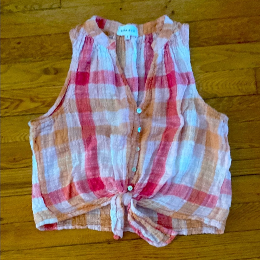 Bella Dahl Pink and Orange Plaid Top